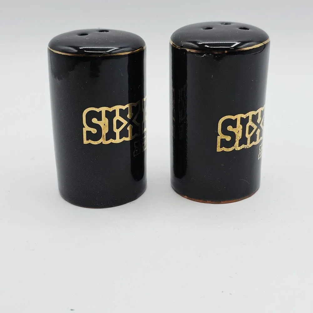 Six Flags Salt Pepper Shakers Atlanta GA Black Gold Vintage Ceramic Japan Set